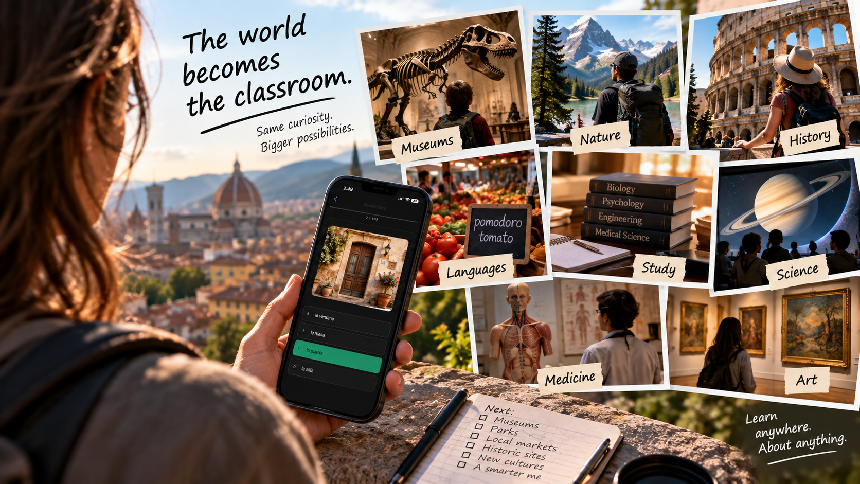 A student looks out over a city, holding a phone running a Study Mode review session, surrounded by a collage of real-world subjects it can turn into study material: museums, nature, history, languages, science, medicine, and art.